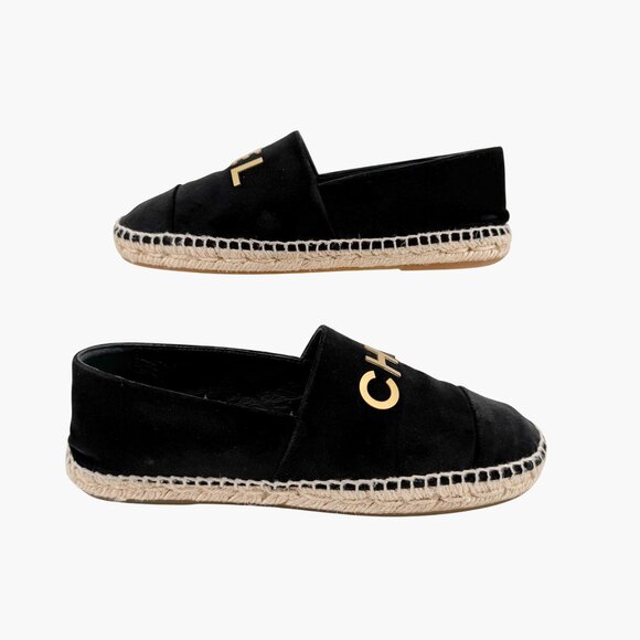 Chanel Logo Espadrilles EU 37 US 6-6.5 Black Velvet Rope Sole Slip On Flat Shoe - Picture 8 of 14